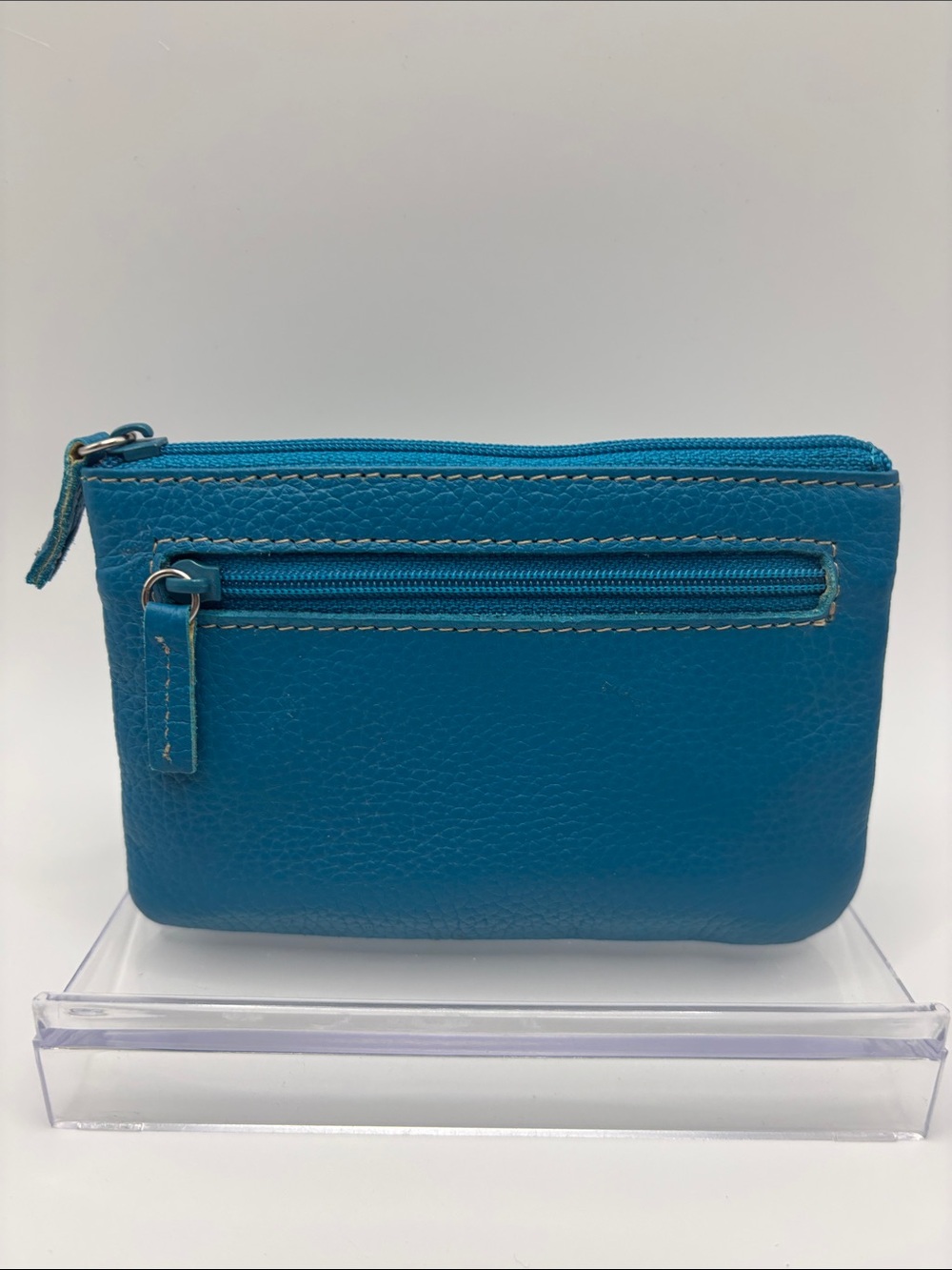 Compact Teal Leather Zip Card Wallet